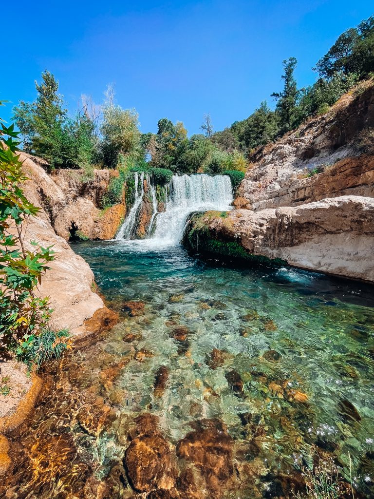 Lush riparian oasis in the Arizona desert featuring travertine formations created by calcium rich spring water
